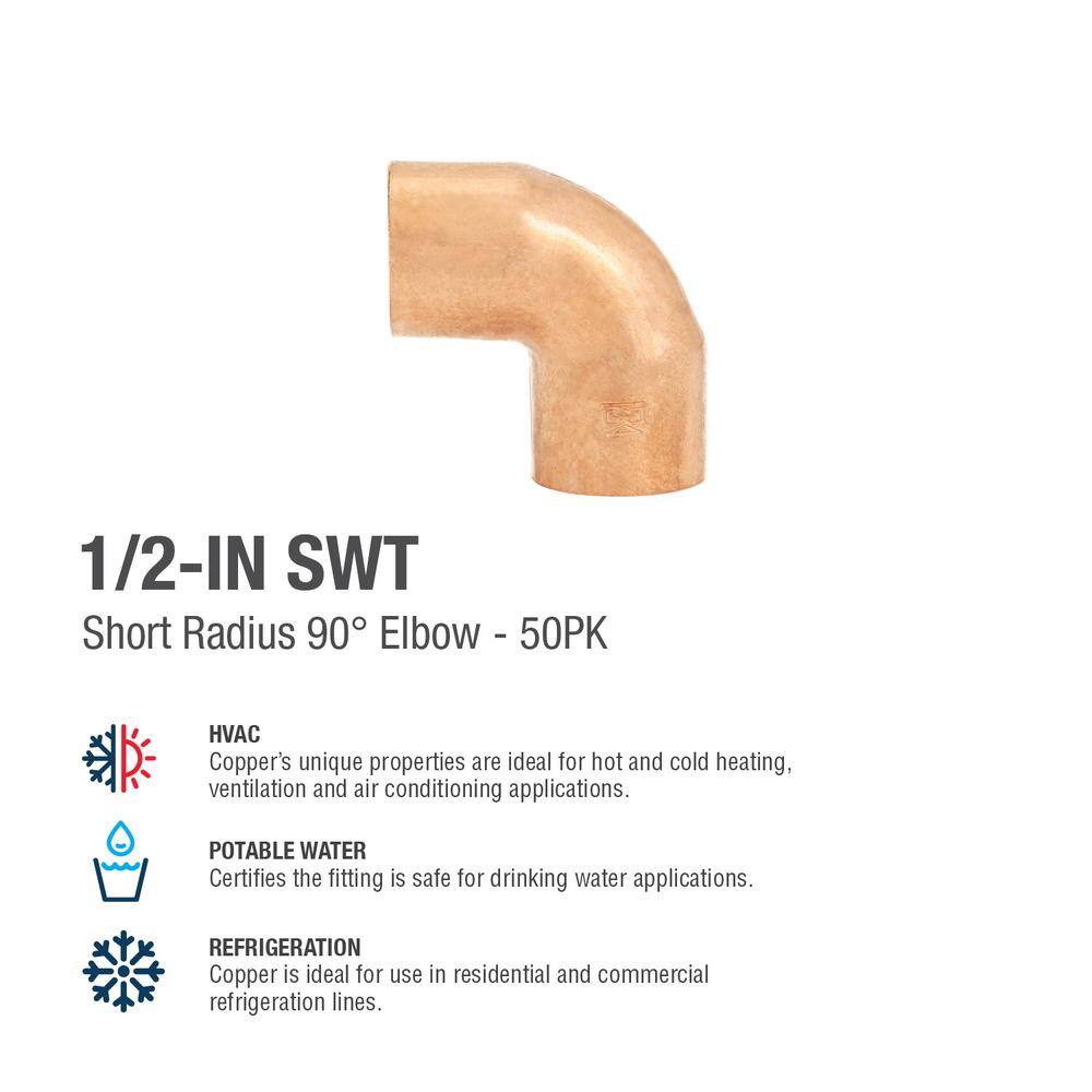 Everbilt 12 in. Copper Pressure 90-Degree Cup x Cup Elbow Fitting Pro Pack (50-Pack) W 01622PPEB