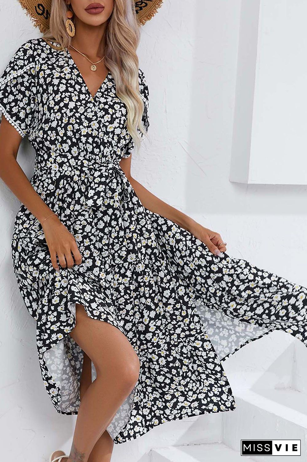 Wrap V Neck Tulip Sleeves Maxi Floral Dress