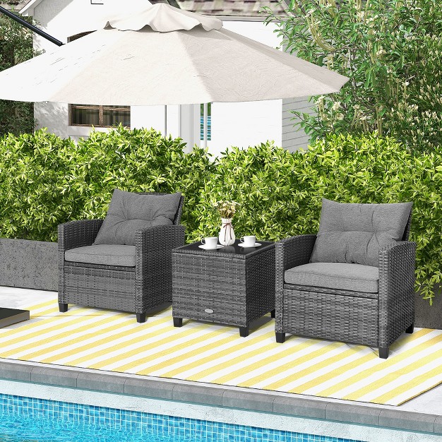 Costway 3pcs Patio Rattan Furniture Bistro Set Cushioned Sofas Side Table Armrest Grey