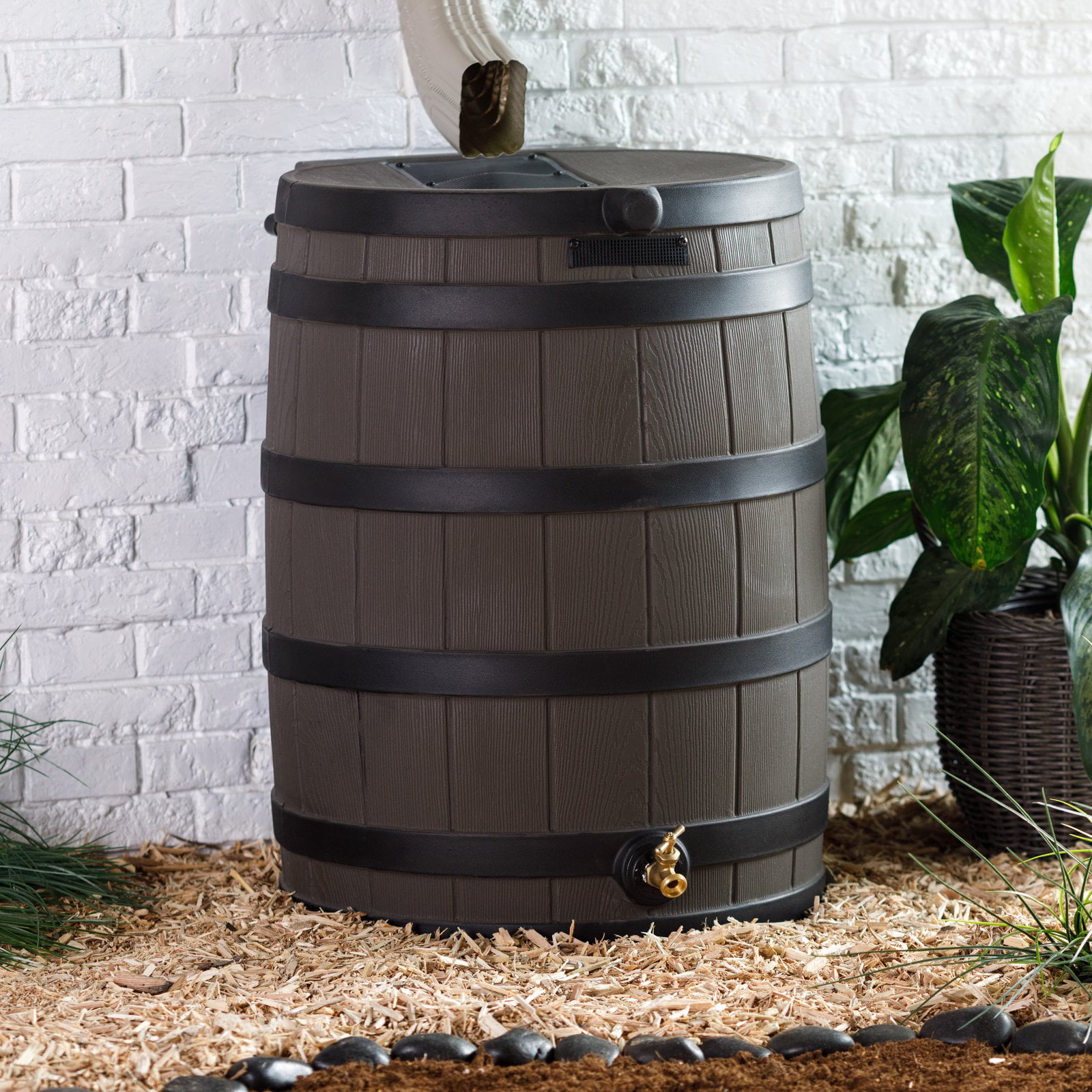 Good Ideas Rain Wizard 50 Gallon Rain Barrel with Darkened Ribs - Oak