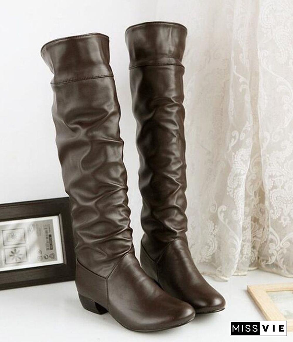 Women's Fashion Winter Long Boots Knee High Boots Low Heel Leather Boots Plus Size 35-43(Please Buy Bigger Size Than Usual)