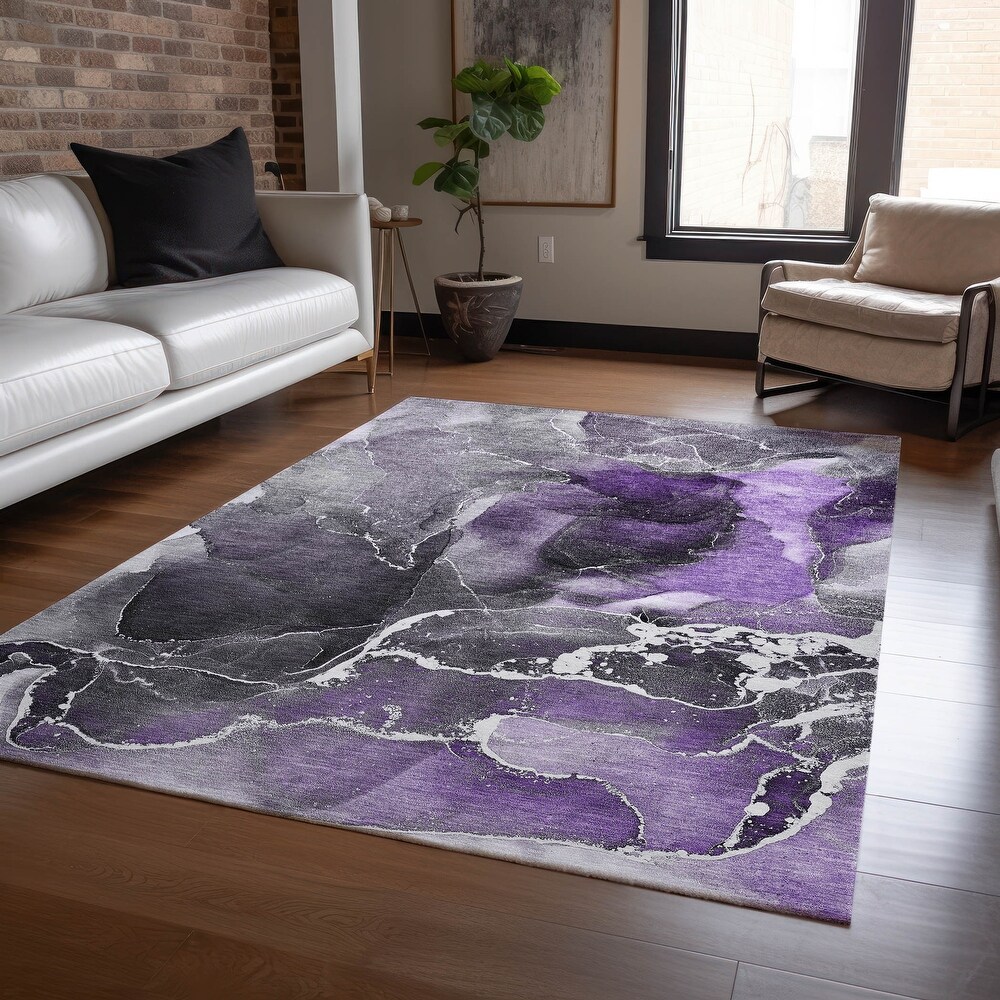 Machine Washable Indoor/ Outdoor Chantille Abstract Purple Rug