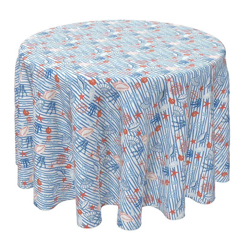 Round Tablecloth， 100% Cotton， 60 Round， Sea Life Drawing in Stripes