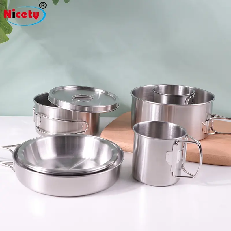 Stainless Steel Camping Cookware Set Of 8 Pieces Cooking Pot For Outdoor