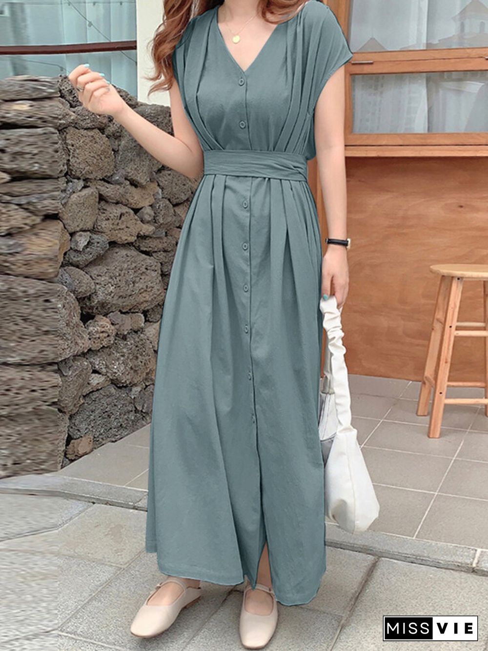 Solid Pleated V-neck Short Sleeve Maxi Dress With Belt