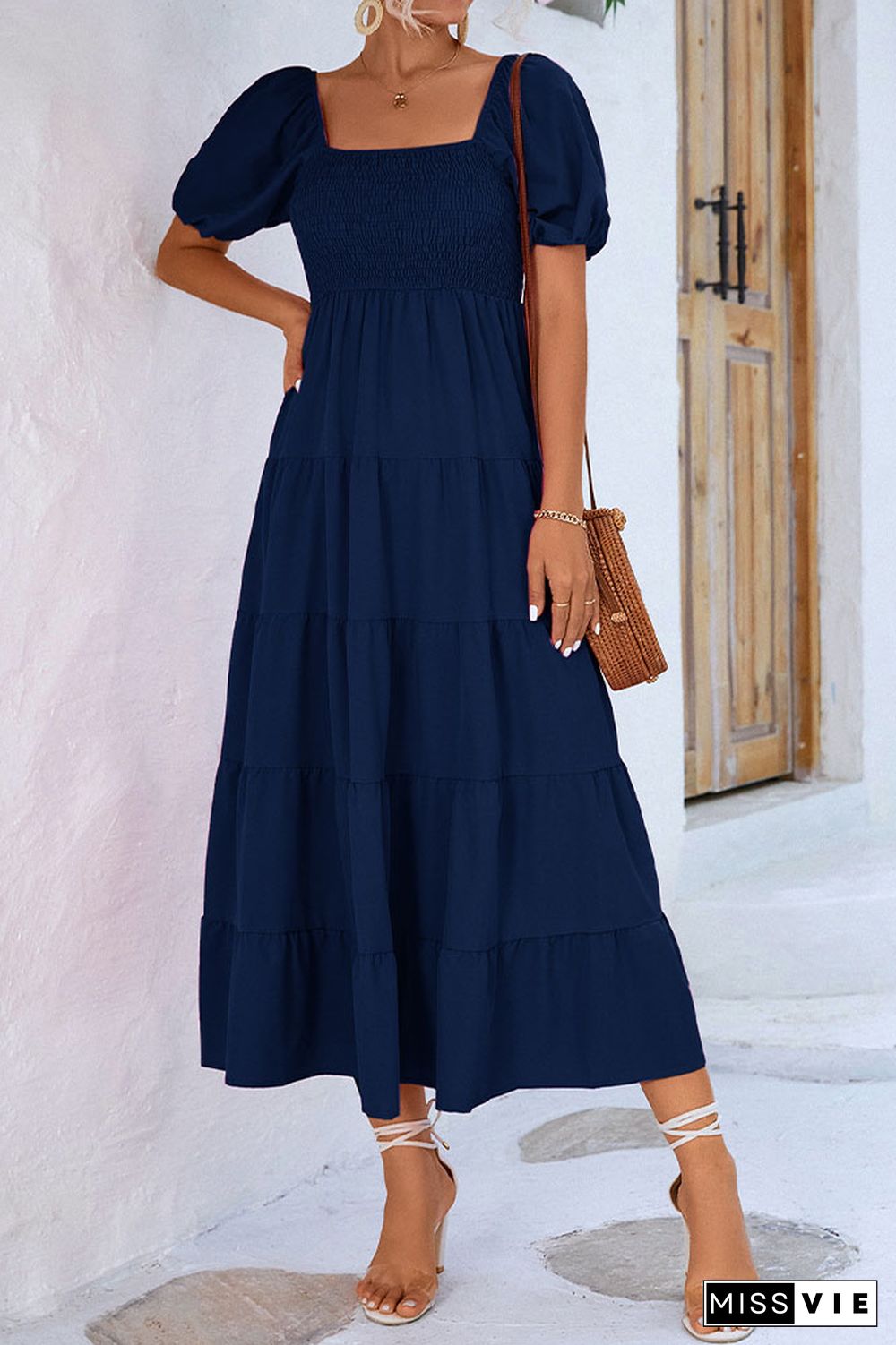 Puff Sleeves Square Neck Splicing Ruffle Long Dress