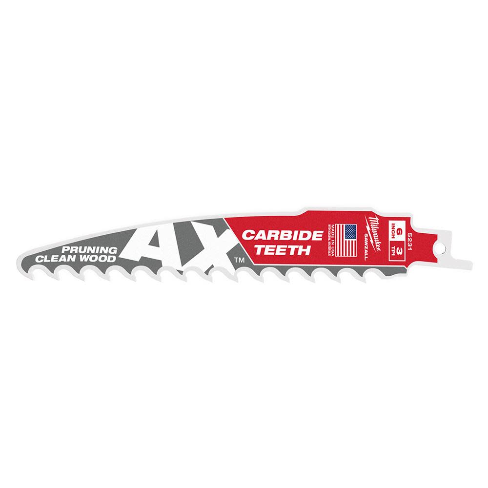 Milwaukee 6 3 TPI The AX with Carbide Teeth for Pruning and Clean Wood SAWZALL Blade 1PK 48-00-5231 from Milwaukee