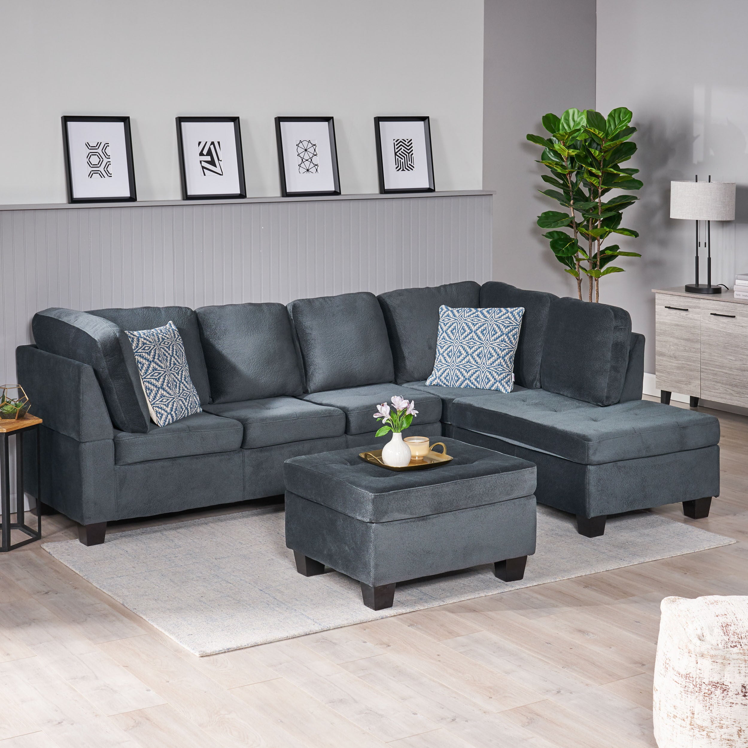 Noble House Victoria Residential Use 3 Piece Fabric Sectional Sofa Set, Charcoal