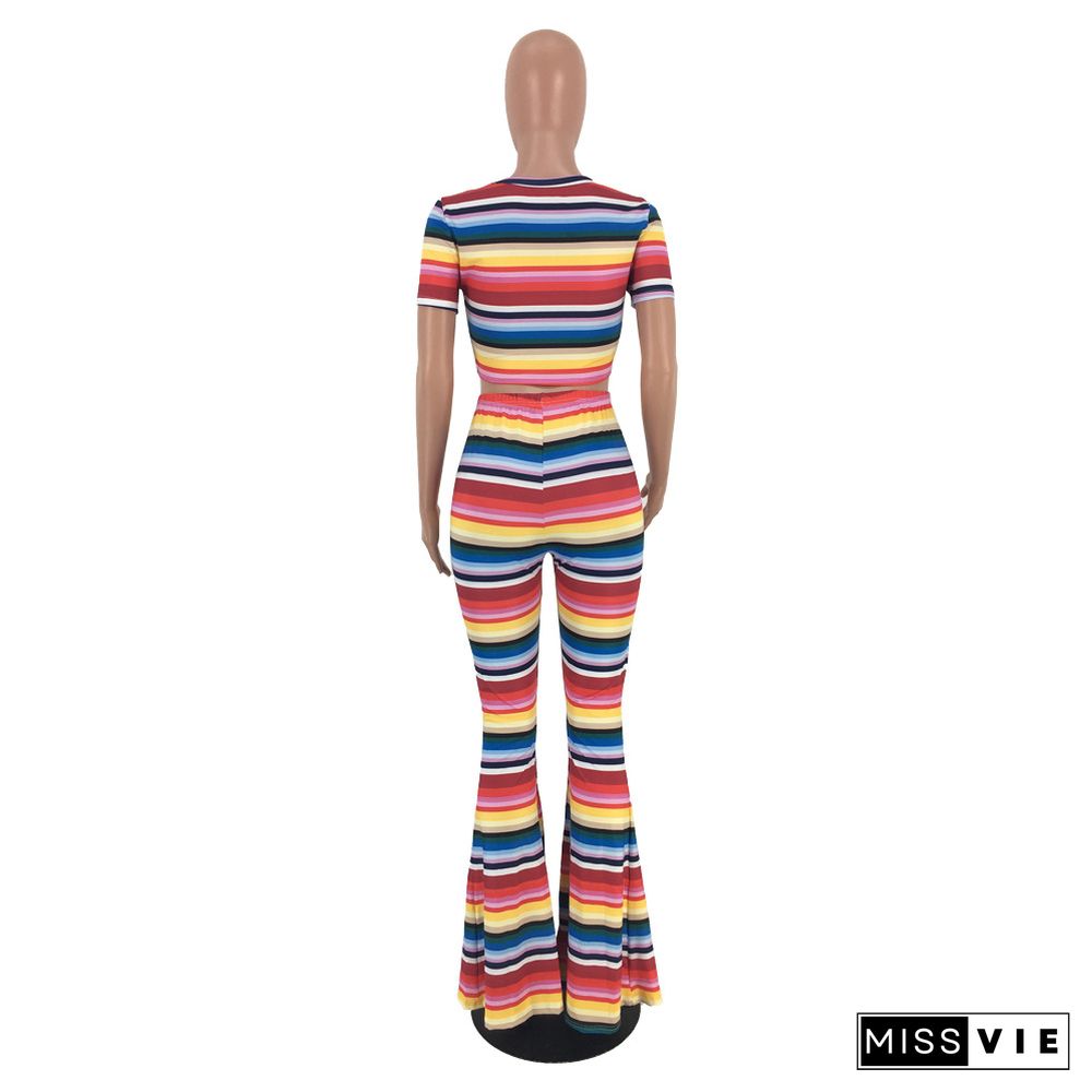 Colorful Striped Round Collar Short Sleeve Flared Pants Set 2 Piece