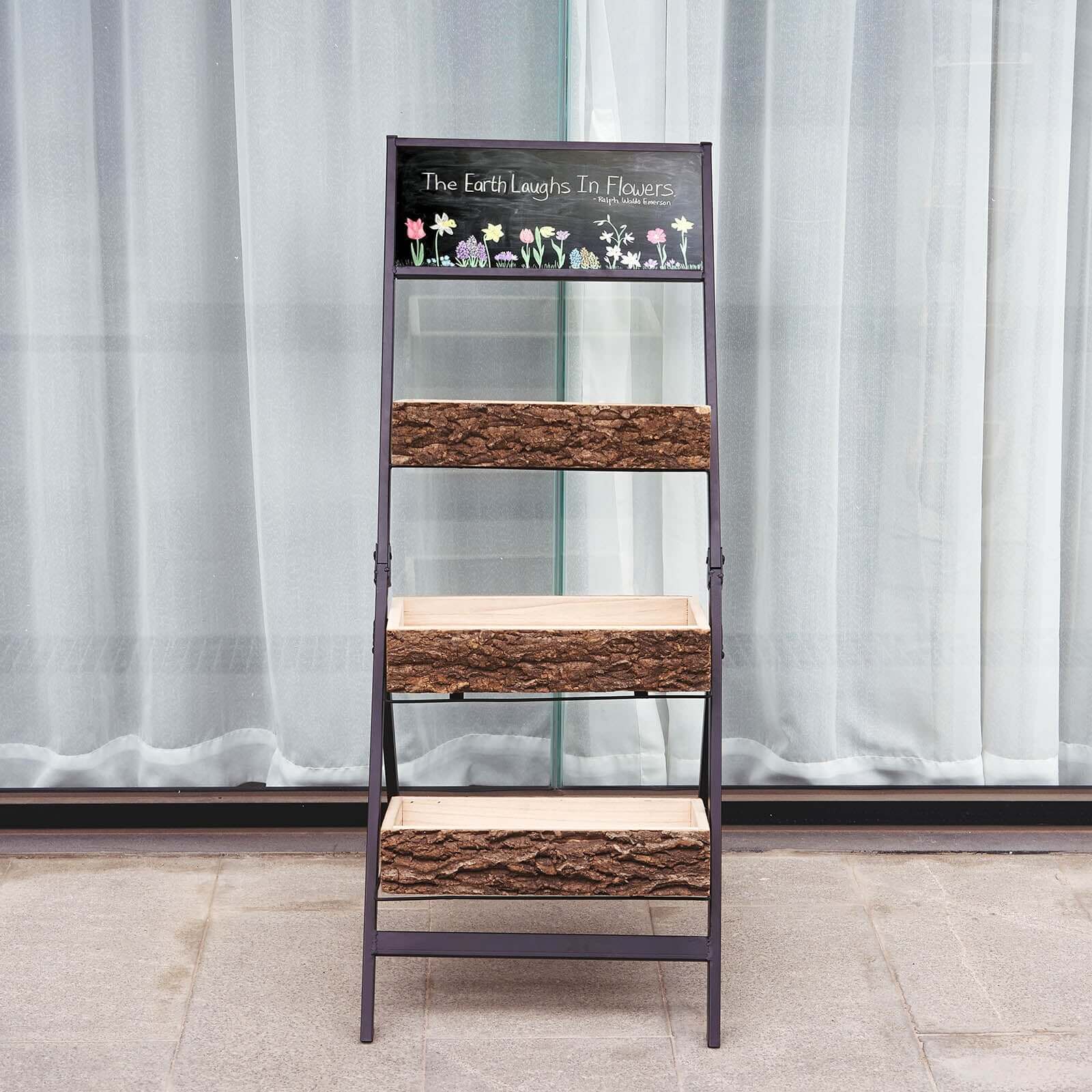 3-Tier Metal Ladder Plant Stand With Natural Wooden Log Planters 42