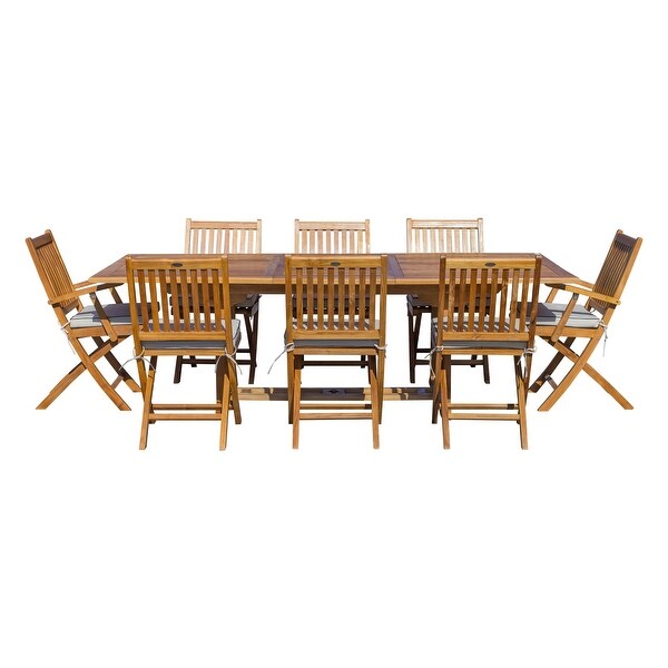 Seven Seas Teak 9 Piece Teak Wood Santa Monica Patio Dining Set，Rectangular Extension Table，8 Folding Arm and Side Chairs