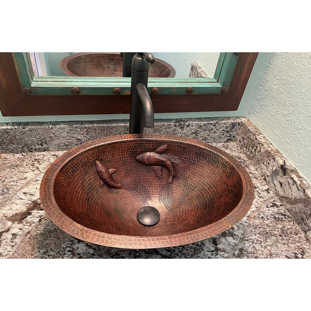 Premier Copper Products 19 in. Oval Under Counter Hammered Copper Bathroom Sink with Koi Fish Design in Copper LO19FKOIDB