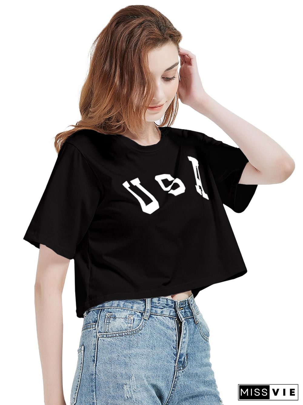 Anna-Kaci Women's Letter Print Crop Top Short Sleeve July 4th USA Flag T-Shirt