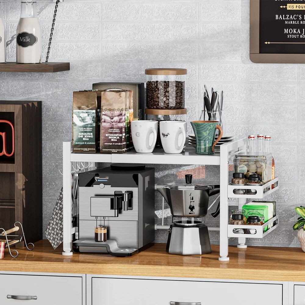 Over the Microwave Shelf   Adjustable Countertop Microwave Stand 2 Tier Microwave Rack with Spice Organizer and 6 Hooks