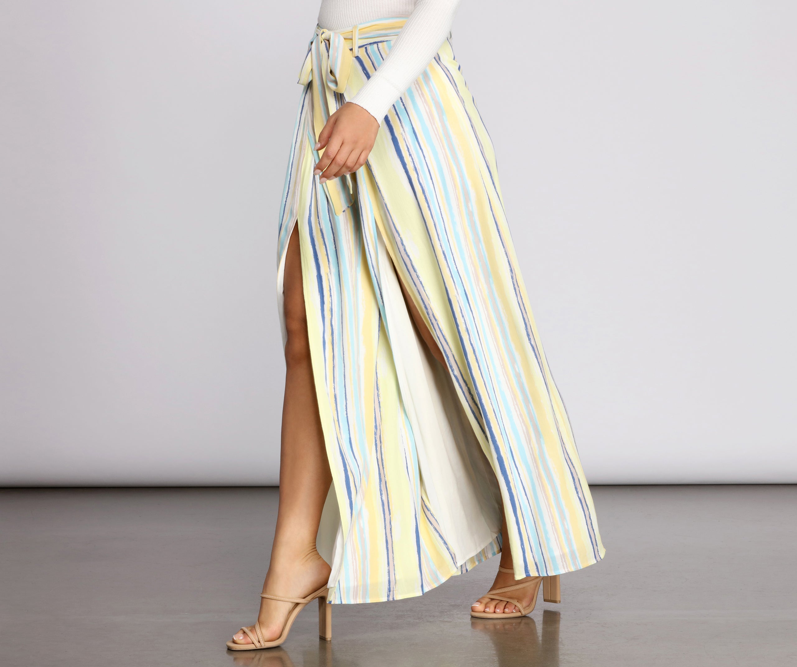 Front Slit Striped Wide Leg Pants