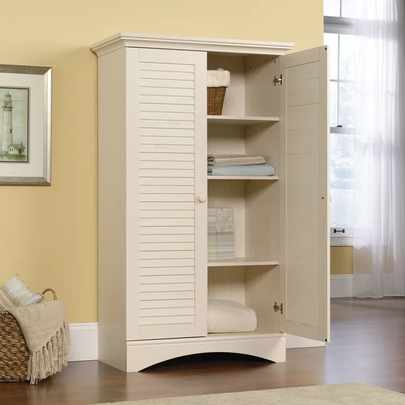 August Grove Contemporary Storage Cabinet with Doors and 4 Adjustable Shelves in Antique White