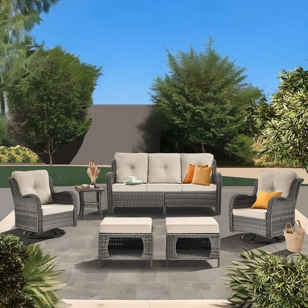 Wicker Patio Furniture Conversation Set with High Back Swivel Chairs and Storage Ottomans，Cushions Included🎃