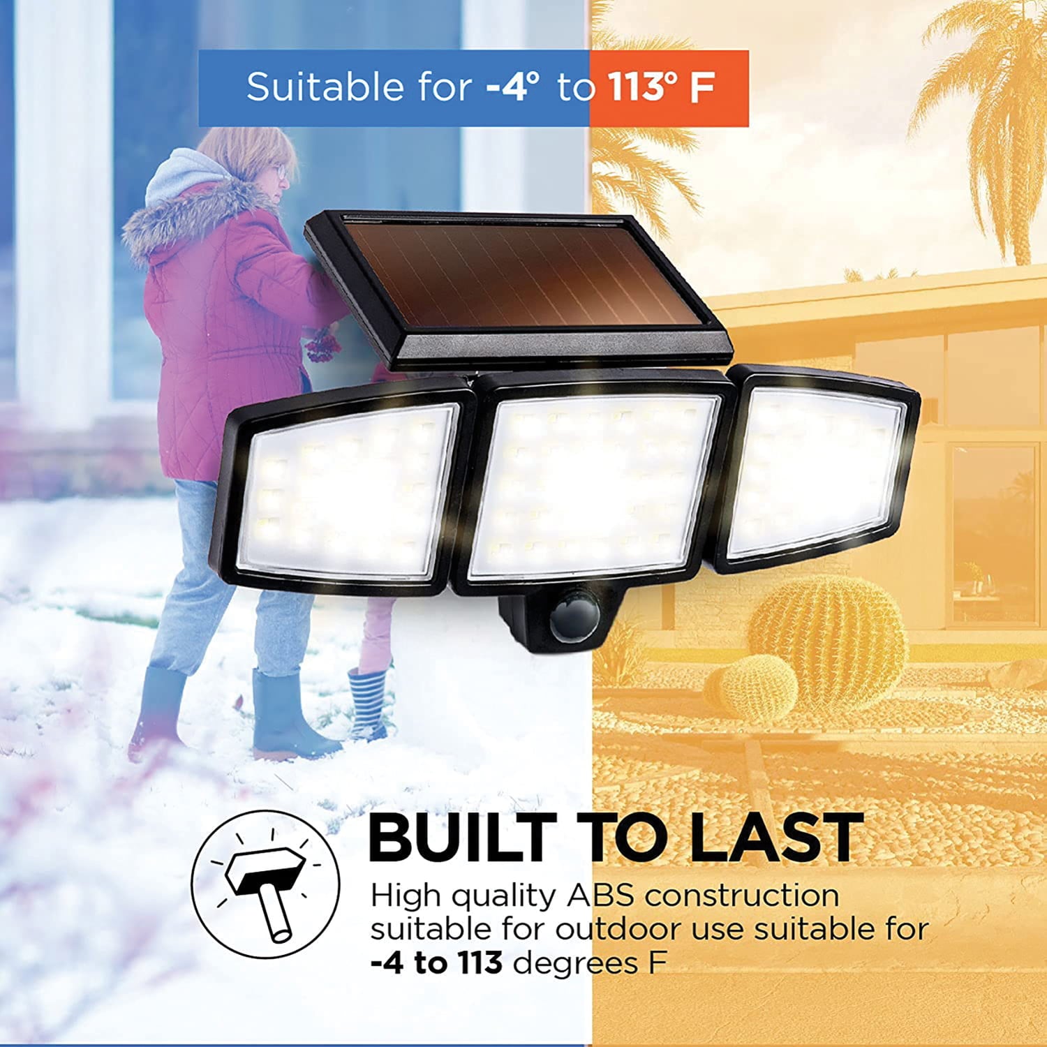 Home Zone Security Solar Triple Head Flood Lights - 3500K， 1000 Lumens， Adjustable Angle， 2-Pack