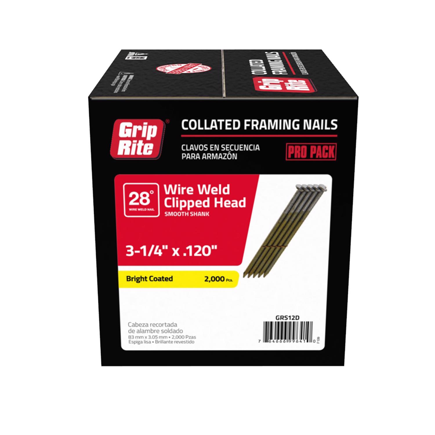 Grip-Rite 3-1/4 in. 11 Ga. Angled Strip Bright Framing Nails 28 deg 2000 pk