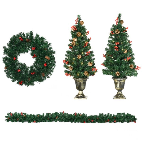 Prelit 4Piece Holiday Christmas Set: 2 Entrance Trees，Garland and Wreath with Warm White LED Lights