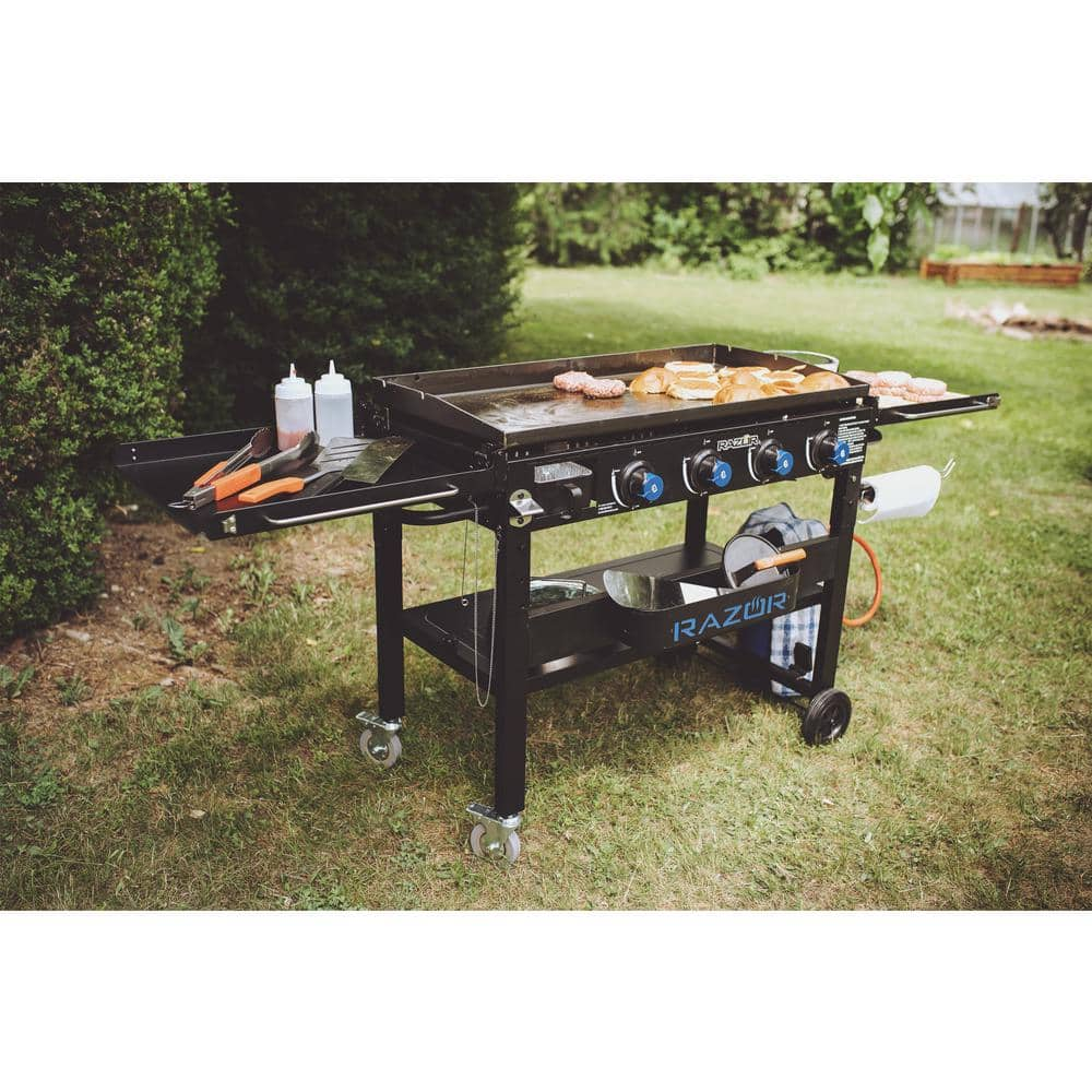 Razor 37 in. 4-Burner Propane Gas Griddle Grill with Foldable Shelves in Black with Condiment Tray and Wind Guards included GGC2241M-A