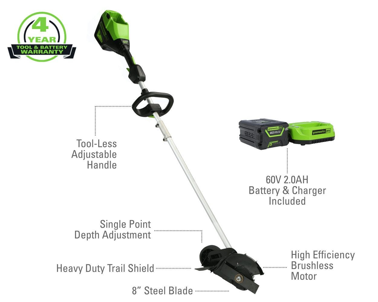 60V 8-Inch Cordless Edger  Battery | Greenworks Tools