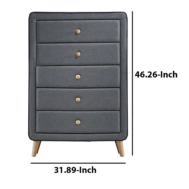 Transitional Style Wood and Fabric Upholstery Chest with 5 Drawers， Gray