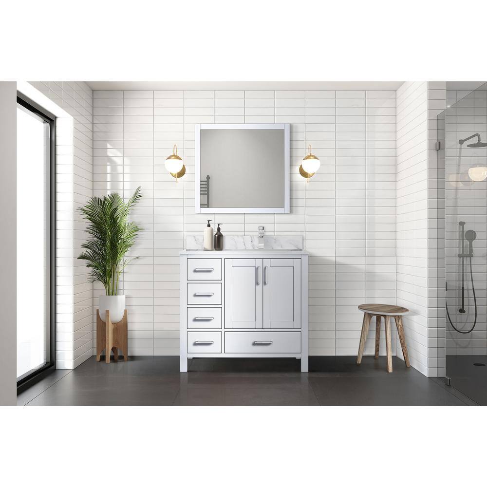 Lexora Jacques 36 in. W x 22 in. D Right Offset White Bath Vanity Carrara Marble Top and 34 in. Mirror LJ342236SADSM34R