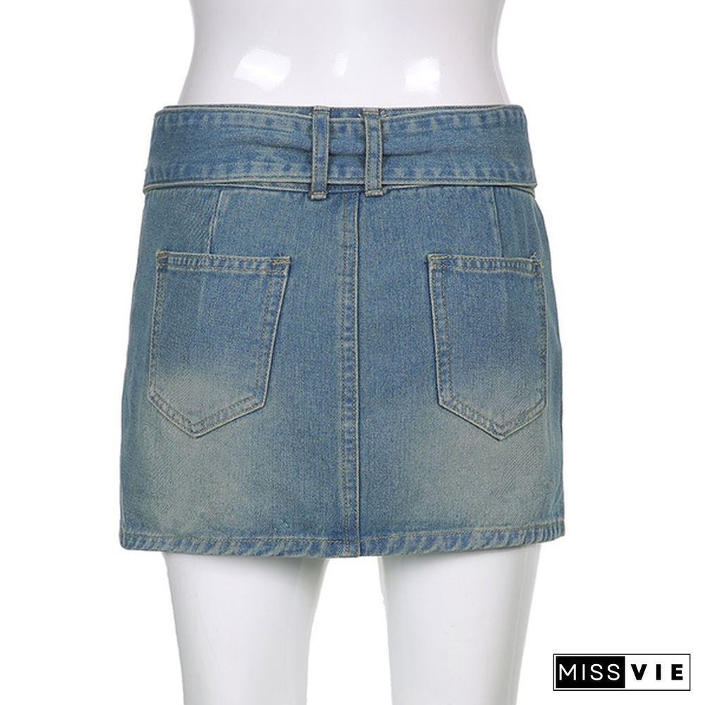 Women'S Jeans Skirt Y2K Belt Mini Denim Skirt Korean Low Waist Straight Short Skirt Summer Harajuku Sexy Vintage