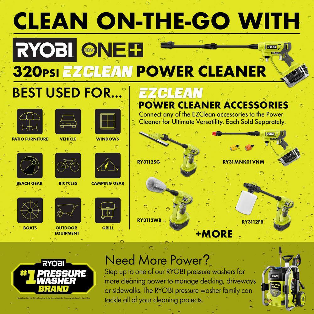 RYOBI ONE+ 18V EZClean 320 PSI 0.8 GPM Cordless Battery Cold Water Power Cleaner (Tool Only) RY120350