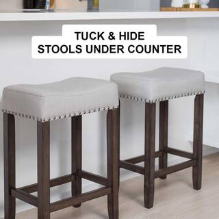 Nathan James 24 in. Dark Brown Finish Hylie Nailhead Wood Pub-Height Counter Bar Stool Gray Fabric Cushion (Set Of 2) 21302-2