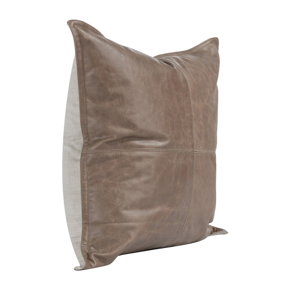 Norm 22 Inch Square Leather Decorative Throw Pillow  Stitched  Taupe Brown