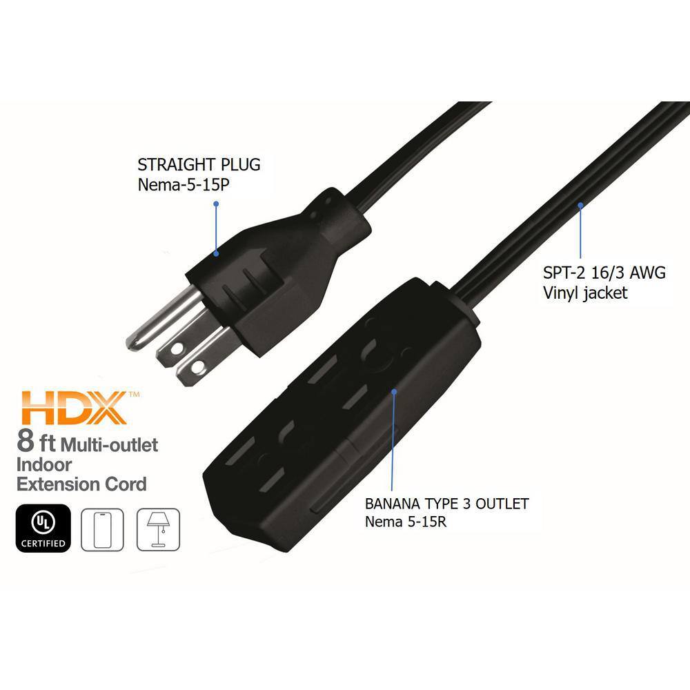 HDX 8 ft. 163 Light Duty Indoor Black Extension Cord with Banana Tap SPT2163008BLBA