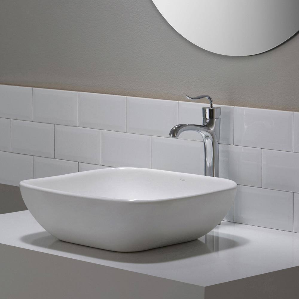 KRAUS Elavo Soft Square Ceramic Vessel Bathroom Sink in White KCV-127