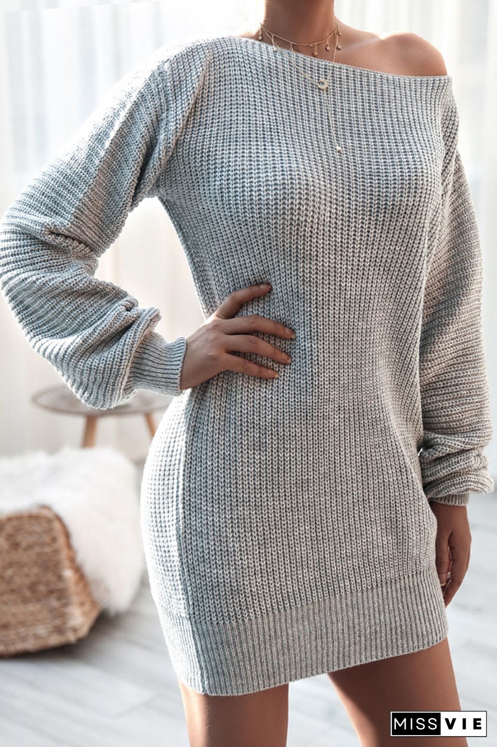 Long Sleeve Knitted Off-shoulder Sweater Dress Women Wholesale