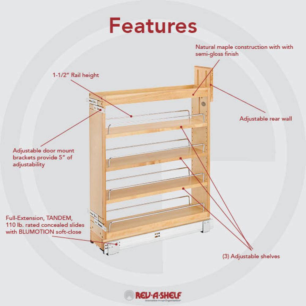 Rev-A-Shelf 25.5 in. H x 5.44 in. W x 21.62 in. D Pull-Out Wood Base Cabinet Organizer with Soft-Close Slides 448-BCSC-5C