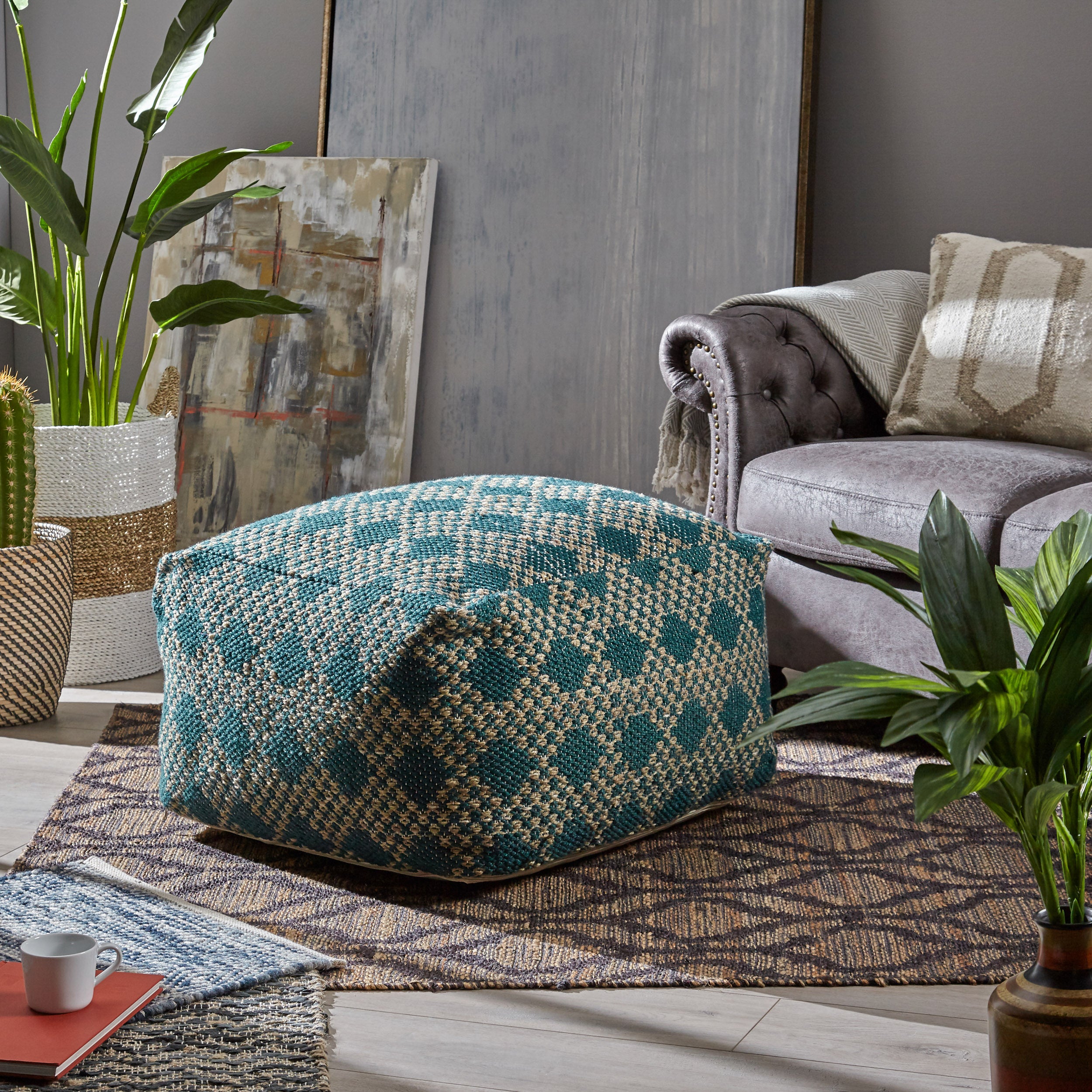 Betty Large Square Casual Pouf, Boho, Beige and Teal Yarn