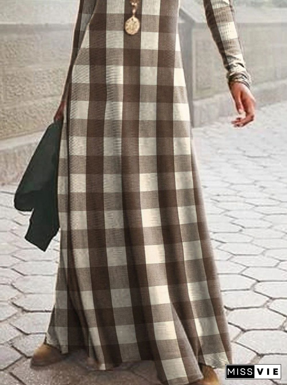 Retro Check Print Casual Long Sleeve Maxi Dress