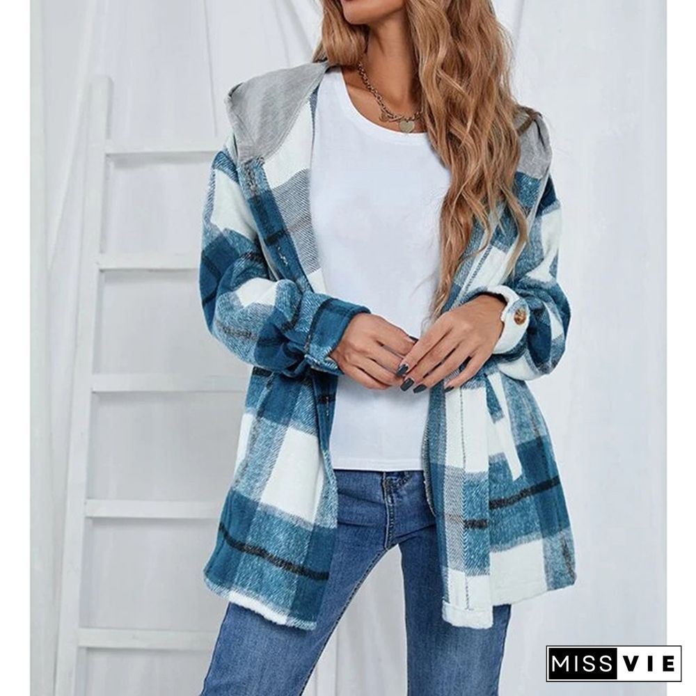 Plaid Jacket Women Overshirt Long Checkered Jackets Female Long Sleeve Winter Hooded Coat Shirt Jacket Harajuku Tops