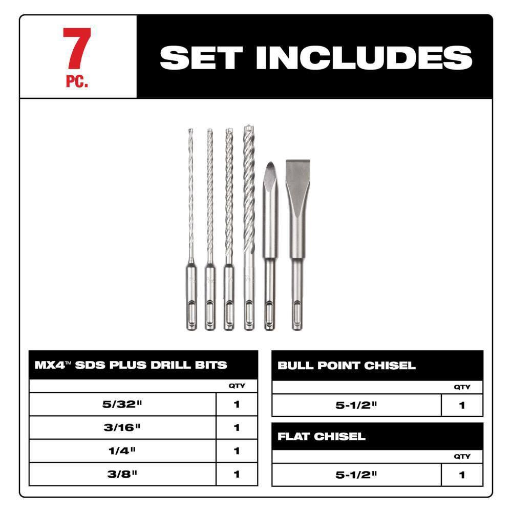 MW 4-Cutter SDS-Plus Carbide Drill Bits with Flat and Bull Point Chisel (6-Piece) 48-20-7662