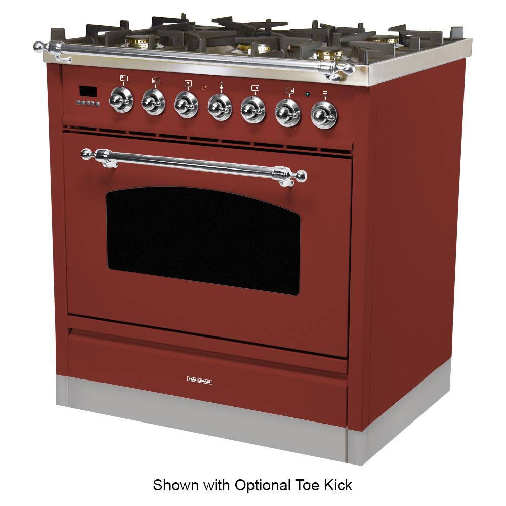 Hallman 30 in. 3.0 cu. ft. Single Oven Dual Fuel Italian Range with True Convection 5 Burners LP Gas Chrome Trim in Burgundy HDFR30CMBGLP