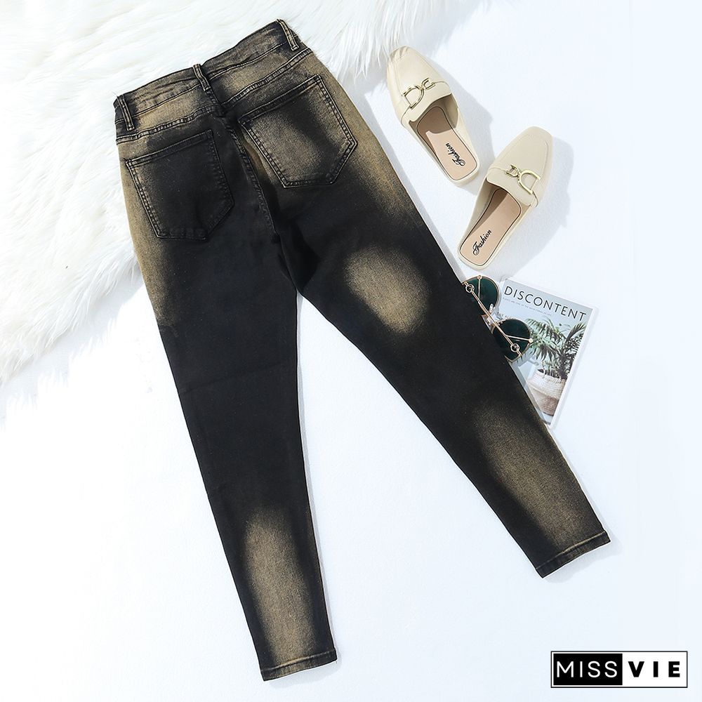 Mid Waist Elastic Skinny Gradient Denim Pencil Pants