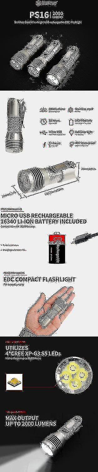 2000 Lumens Flashlight 16340 Battery Camping Light Outdoor Hunting Waterproof Emergency