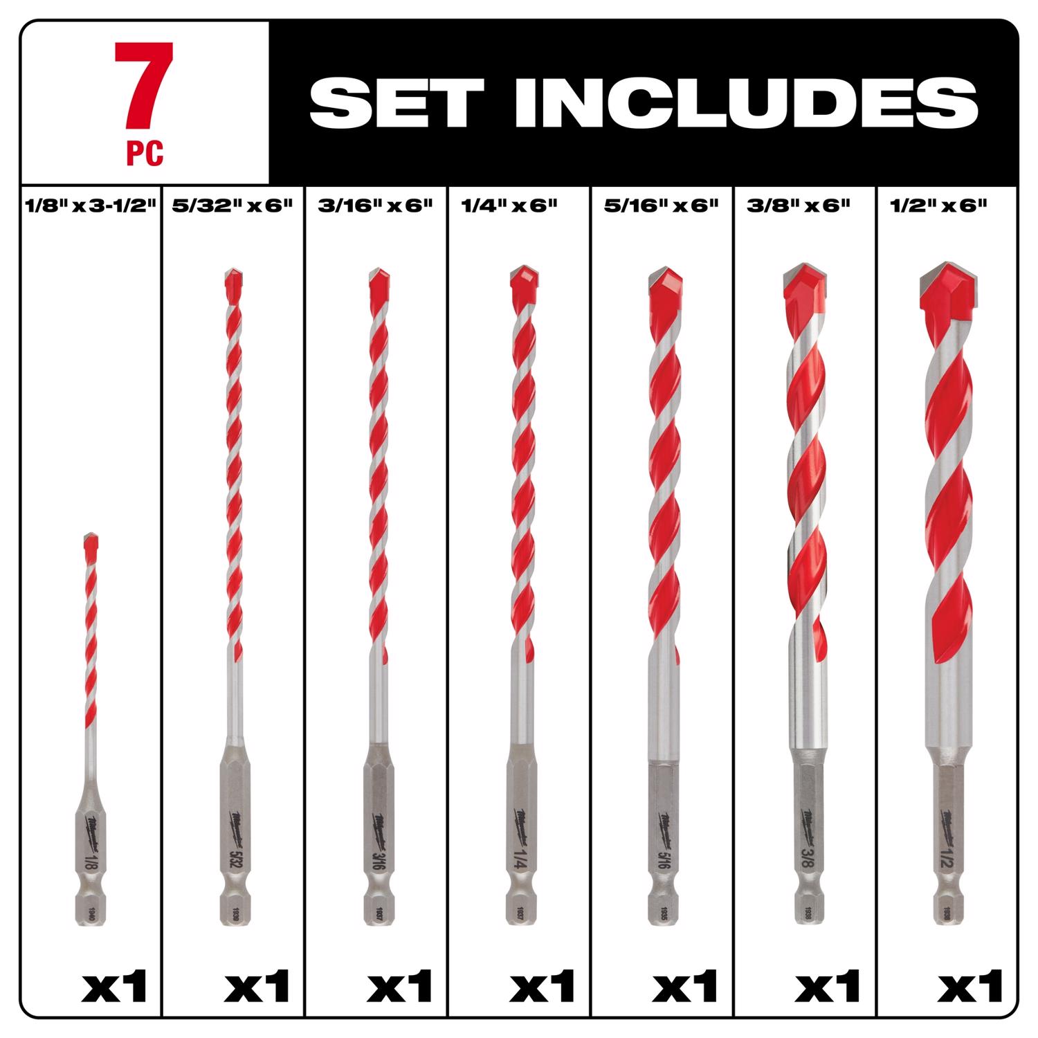 MW Shockwave 1/8 in. Carbide Large Hammer Drill Bit Set 7 pc