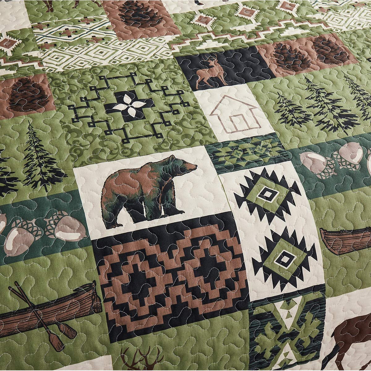 Jessy Home Queen/Full Rustic Quilt Sets Moose Bear Bedding Green Polyester Bedspread Coverlet