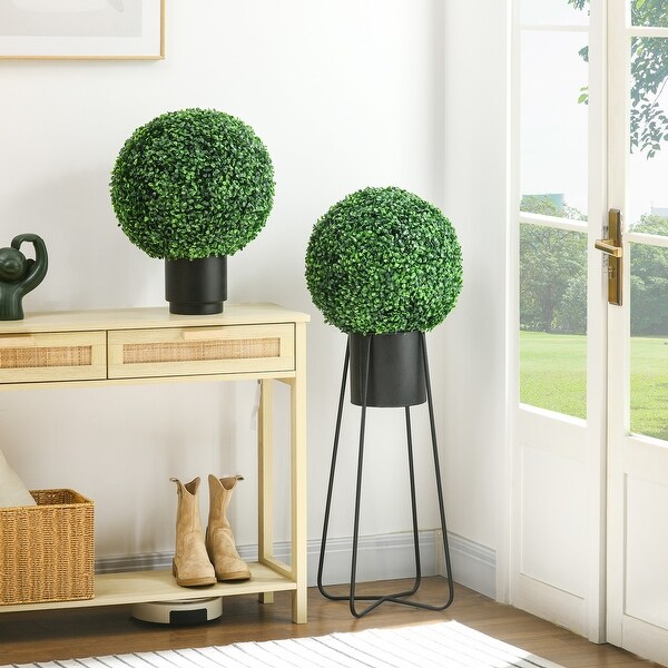 HOMCOM Set of 2 15.75 Inch Artificial Ball Boxwood Topiary Trees Balls，Indoor Outdoor Fake Plants for Home