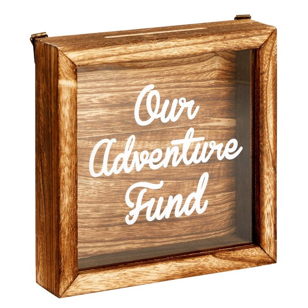 Juvale Our Adventure Travel Fund Bank For Adults Rustic Wooden Honeymoon Piggy Bank For Wedding Gift Money Box For Traveling 7 X 7 In