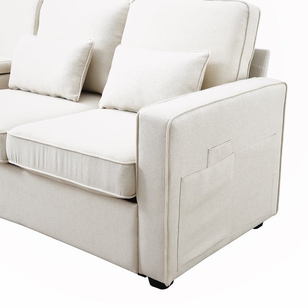 4-Seater Linen Fabric Sofa with Armrest Pockets and 4 Pillows