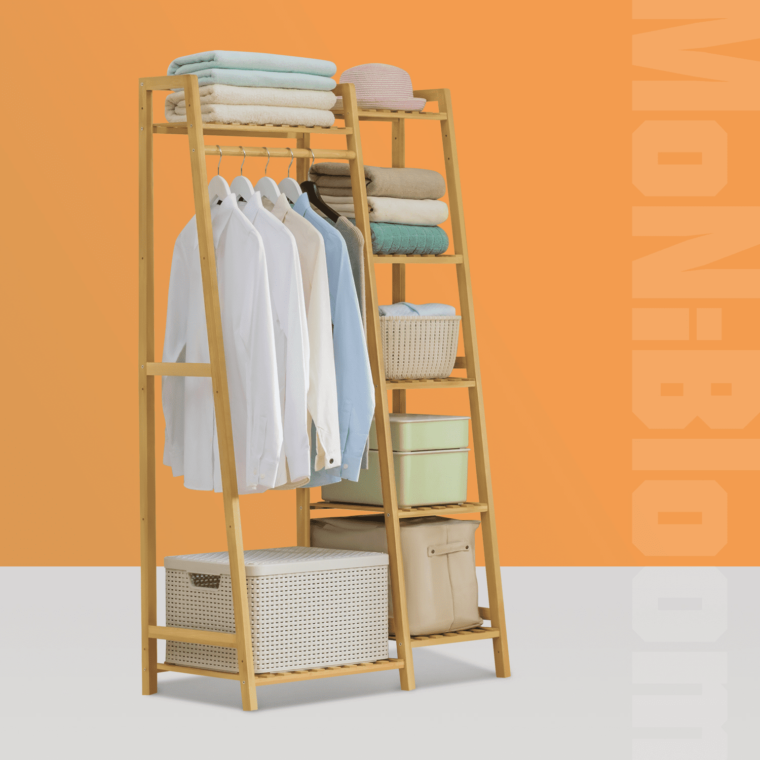 MoNiBloom Bamboo 5 Tiers Stable Trapezoid Coat Rack， Clothes Storage Shelf， Natural， for Bedroom