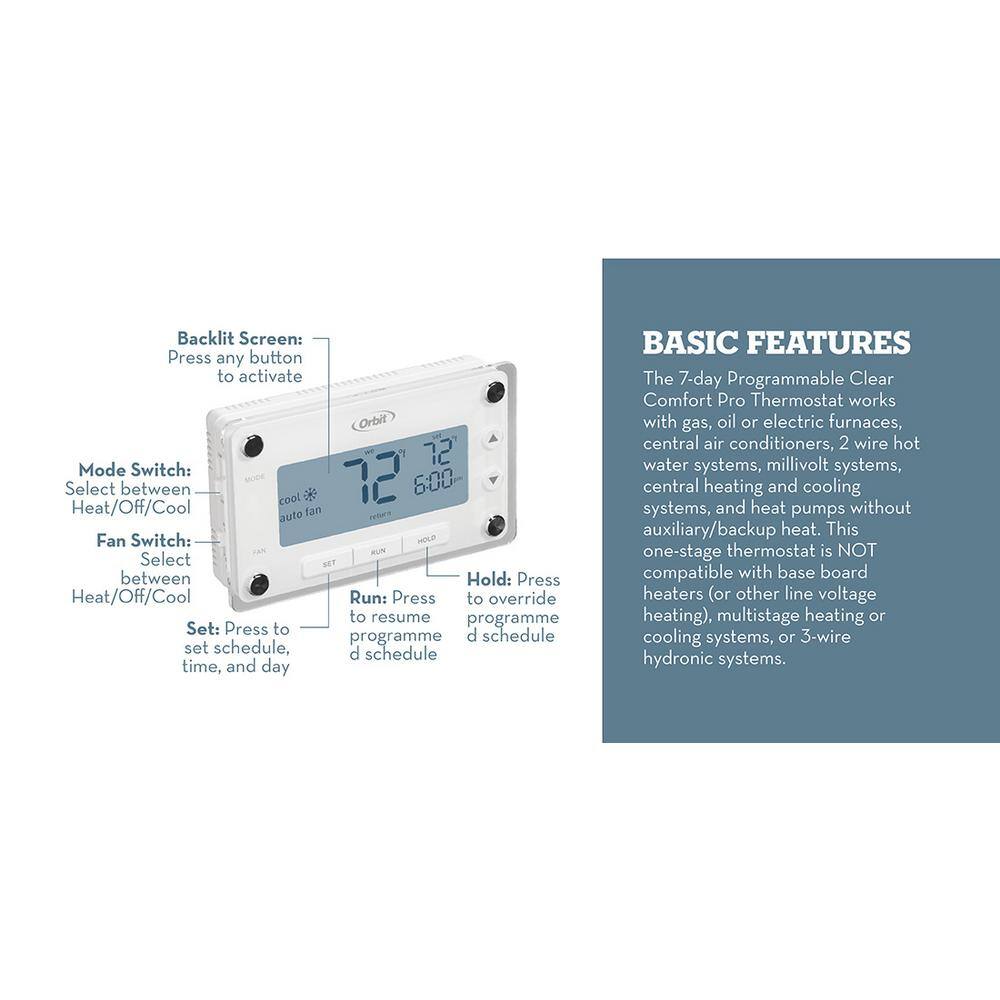 Orbit Clear Comfort Programmable Thermostat with Large Easy-to-Read Display 83521